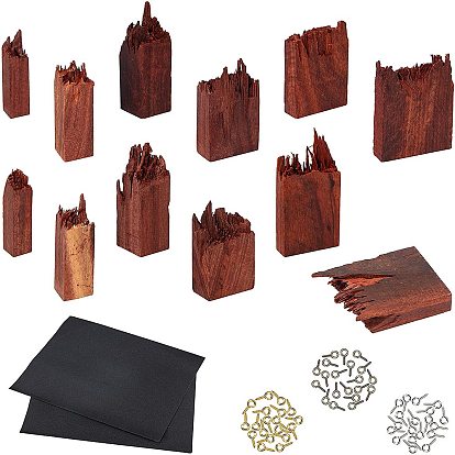 Ensembles de bois de santal à sang brisé inachevé, pour résine époxy diy, pendentif bijoux en résine uv, Anneaux, colliers faisant, avec du papier abrasif imperméable et des bottes de fer, pour la moitié de perles percées