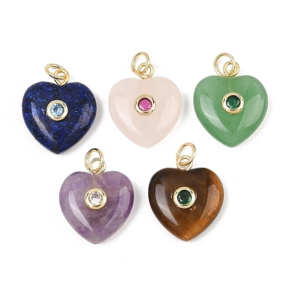 Colgantes de piedras preciosas naturales, Dijes de corazón con hallazgos de circonita cúbica pavé de latón, real 18 k chapado en oro, sin plomo y cadmio, chapado en rack, larga duración plateado