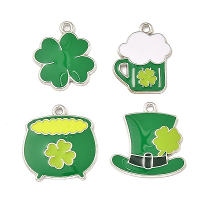 Saint Patrick's Day Theme Alloy Enamel Pendants, Platinum, Hat/Pot/Beer Cup/Clover Charm