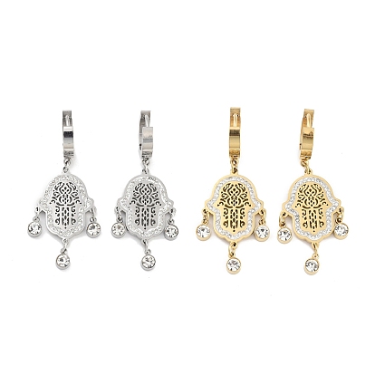 Hollow Hamsa Hand 304 Stainless Steel Dangle Earrings, Rhinestone Hoop Earrings for Women