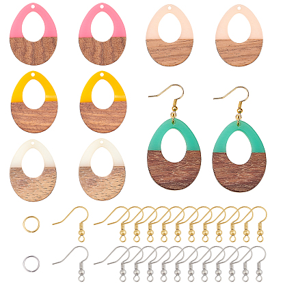 DIY Dangle Earring Making Kits, with Resin & Wood Pendants, Brass Earring Hooks & Jump Rings, Teardrop