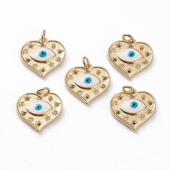 Латунные микропейв разноцветные подвески с фианитами, с эмалью и прыжковыми кольцами, сердце с сглаза