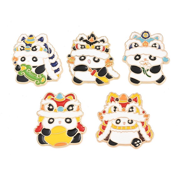 Chinese Lion Dance Panda Alloy Enamel Cabochons, with Self Adhesive Sticker, Light Gold