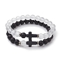 2Pcs 2 Styles 8mm Round Frosted Glass Beaded Stretch Bracelet Sets, Cross Synthetic Turquoise Stackable Bracelets for Women