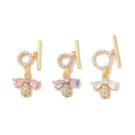 Golden Brass Micro Pave Cubic Zirconia Toggle Clasps, with Glass, Bee