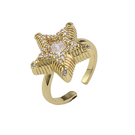 Cubic Zirconia Star Open Cuff Ring, Real 18K Gold Plated Brass Jewelry for Women, Nickel Free