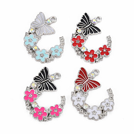 Legierung rhinestone-anhänger, mit Emaille, Platin Farbe, Schmetterling mit Blume