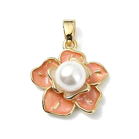 Латунь эмаль подвески, Подвески в виде цветов светло-лососевого цвета с белой круглой жемчужиной в форме ракушки.