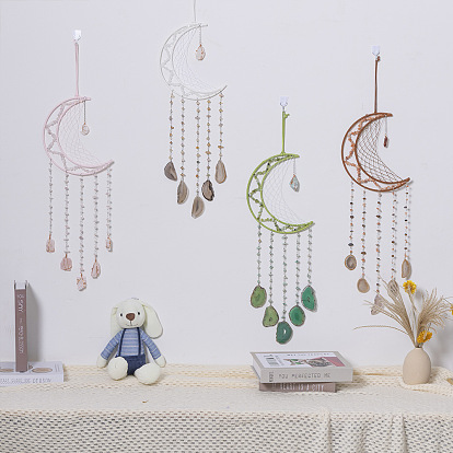Iron and Agate Woven Web/Net  Pendant Decorations, with Leather Rope, Moon