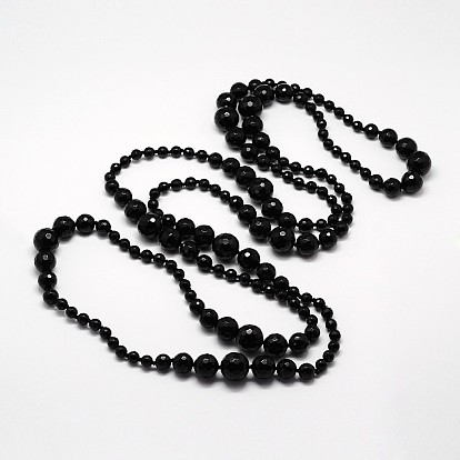 Long Natural Faceted Onxy Black Agate Graduated Beaded Necklaces, 58.26 inch 