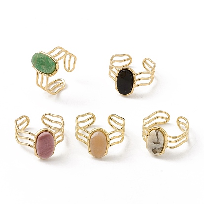 Natural Gemstone Oval Open Cuff Ring, Gold Plated 304 Stainless Steel Wrap Jewelry for Women
