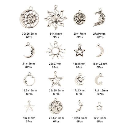 96Pcs Moon & Sun & Geometry Tibetan Style Alloy Pendants, Celestial Pendants