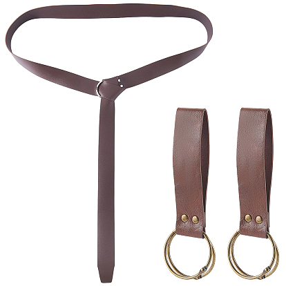 1Pc PU Leather Wrap Around Chain Belts, with 2Pcs Rectangle PU Leather Medieval Belt Pendants