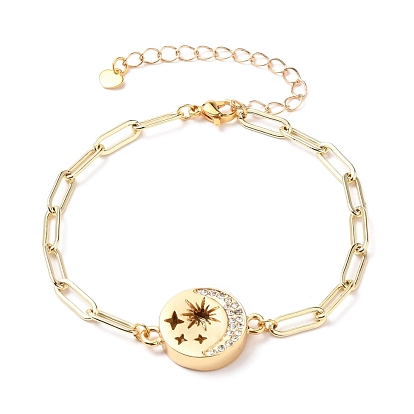 Alloy Rhinestone Link Bracelets, with Brass Paperclip Chains and 304 Stainless Steel Lobster Claw Clasps, Flat Round with Star