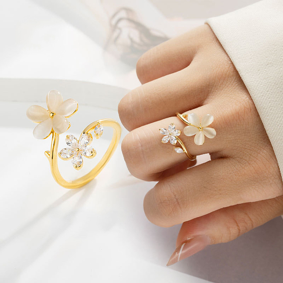 Латунные микро проложить манжеты кольца кубического циркония, цветок, с кошачий глаз