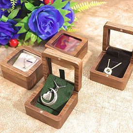 Wood Visible Window Pendant Storage Box, Pendant Magnetic Gift Case with Velvet Inside, Square