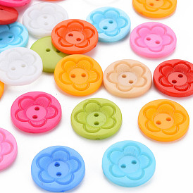 4-Hole Platsic Buttons, Flat Round with Flower