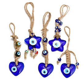 Glass Heart/Star with Evil Eye Pendant Decorations, Jute Cord Car Wall Hanging Decoration