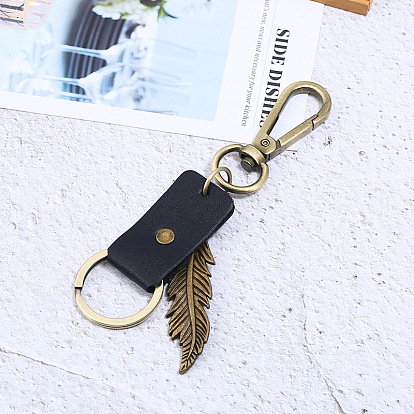 Leather Keychain, with Antique Bronze Plated Alloy Twister Clasps and Iron Key Ring, Feather