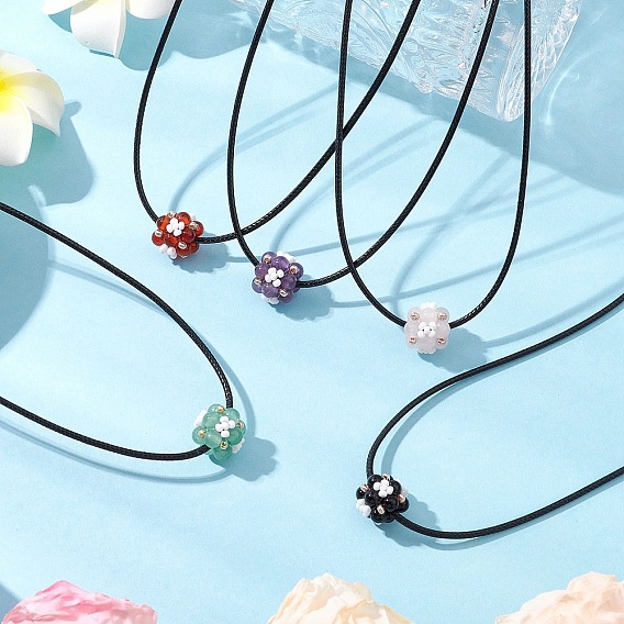Ожерелья с подвесками в виде цветка из драгоценных камней и стеклянных бусин, ожерелья из черного вощеного хлопкового шнура для женщин, платина