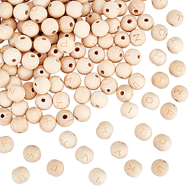 5 наборы алфавита неокрашенные деревянные бусины, круглый с лазерной гравировкой буквы a~z