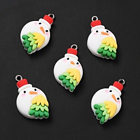 Christmas Opaque Resin Pendants, with Platinum Tone Iron Loops, Snowman with Tree Charm