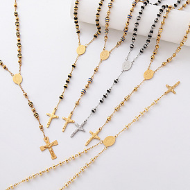 Colliers chapelet vintage en acier inoxydable à colonnes, Colliers pendentifs croix vierge pour femmes