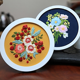 Kits de broderie bricolage motif de fleurs, y compris le tissu et le fil à broder, aiguille, cerceau à broder, feuille d'instruction