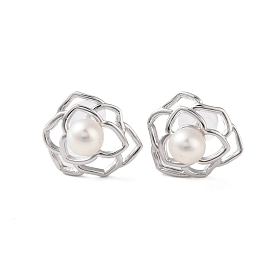 925 Sterling Silver Studs Earring, with Natural Pearl, Flower