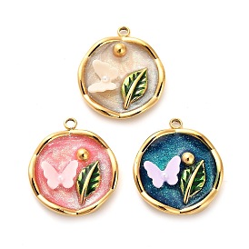 304 нержавеющей стальной эмали подвески, Со смолой и имитацией жемчуга, плоские круглые с бабочкой, ионное покрытие (ip), реальный 18 k позолоченный