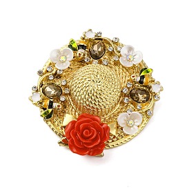 Hat Alloy Rhinestone Brooches, Flower Bees Hat Enamel Pins, with Resin Red Rose, Golden