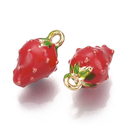 Brass Charms, with Enamel, Strawberry, Red, Nickel Free