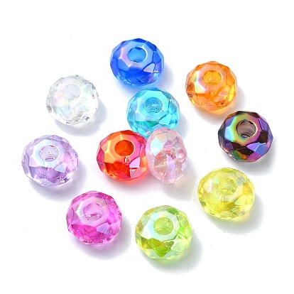 Transparent Acrylic European Beads, Large Hole Beads, Faceted, Flat Round