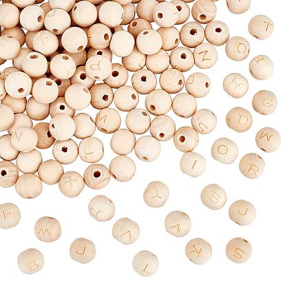 5 наборы алфавита неокрашенные деревянные бусины, круглый с лазерной гравировкой буквы a~z
