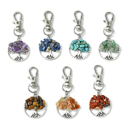Flat Round with Tree of Life Tibetan Style Alloy Pendant Decorations, Chakra Synthetic & Natural Mixed Gemstone Beads and Swivel Lobster Claw Clasps Charm