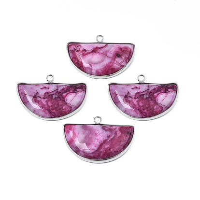 Natural Agate Pendants, with Brass Settings, Dyed, Half Round