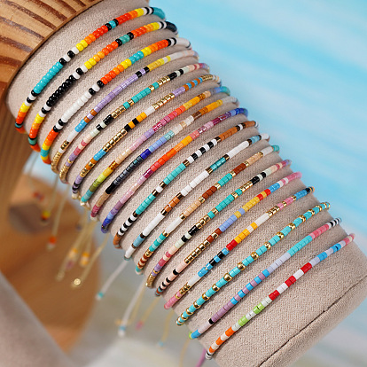 3шт. летние браслеты из плетеного бисера со стеклянными бусинами, Регулируемые браслеты из полиэстеровой нити для женщин