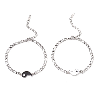 2шт. браслеты из сплава с эмалевыми звеньями, 304 браслеты из нержавеющей стали с цепочками Фигаро для пары, инь-ян