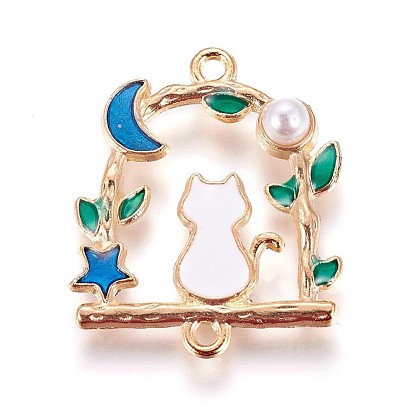 Zinc Alloy Kitten Links Connectors, with Enamel and Acrylic Pearl, Cat & Moon & Star, Light Gold