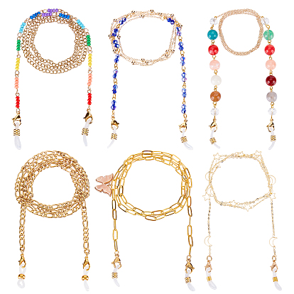 6pcs 6 chaînes de lunettes de style, 304 chaînes à maillons en acier inoxydable et en laiton, avec des perles de verre et d'acrylique, avec fermoirs à pince de homard et extrémités en caoutchouc