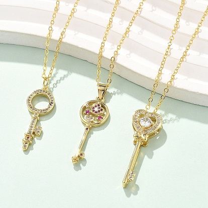 Латунные микропаве кубические цирконии ключ кулон ожерелья для женщин, реальный 18 k позолоченный