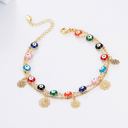 Богемный окрашенный синтетический бирюзовый цвет, цветная цепочка от сглаза, латунные цветочные кисточки, двухслойные пляжные браслеты на ногу для женщин