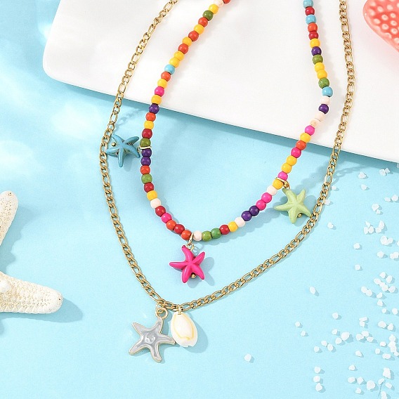 Подвеска из эмалевого сплава и окрашенной синтетической бирюзы с морской звездой и натуральной ракушкой каури 304 двухслойные ожерелья из нержавеющей стали, красочный
