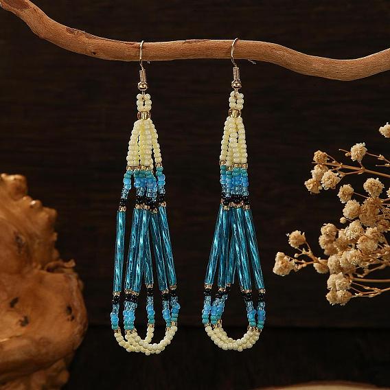 Богемные серьги-подвески ручной работы из стеклянного бисера., слеза, золотые