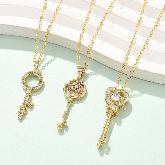 Латунные микропаве кубические цирконии ключ кулон ожерелья для женщин, реальный 18 k позолоченный
