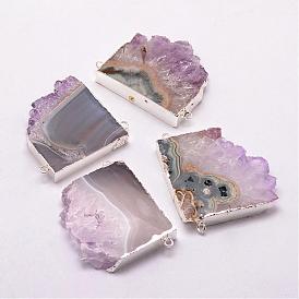Natural Amethyst Pendants, Nuggets, with Silver Plated Brass Finding, 35~40x40~45x7~9mm, Hole: 2mm