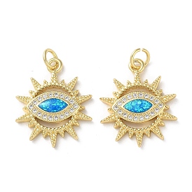 Brass Micro Pave Clear Cubic Zirconia Pendants, with Synthetic Opal and Jump Ring, Real 18K Gold Plated, Evil Eye
