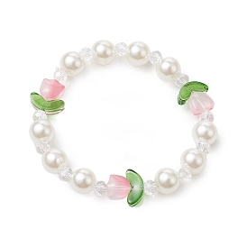 Acrylic Imitation Pearl Stretch Bracelets, with Handmade Lampwork Beads, Flower