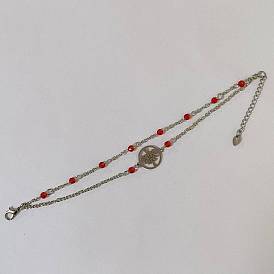 304 Stainless Steel & Glass Seed Beads Multi-strand Link Bracelets, Tree of Life 201 Stainless Steel Charm Bracelets for Women, Stainless Steel Color