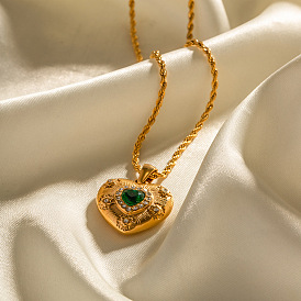 18k gold texture hand-inlaid emerald zircon heart-shaped pendant necklace color-resistant jewelry